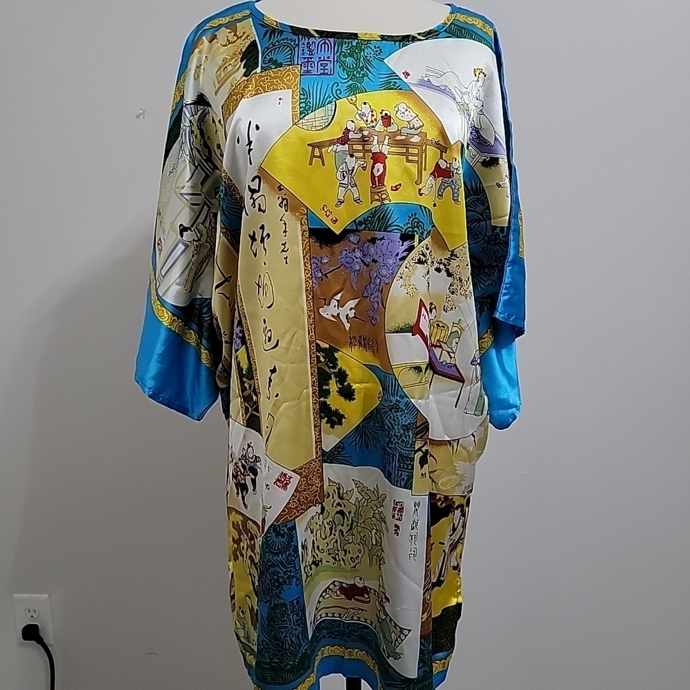 MAY Multicolored Japanese Art Print Kimono Dress Unique design 75%Silk One Size